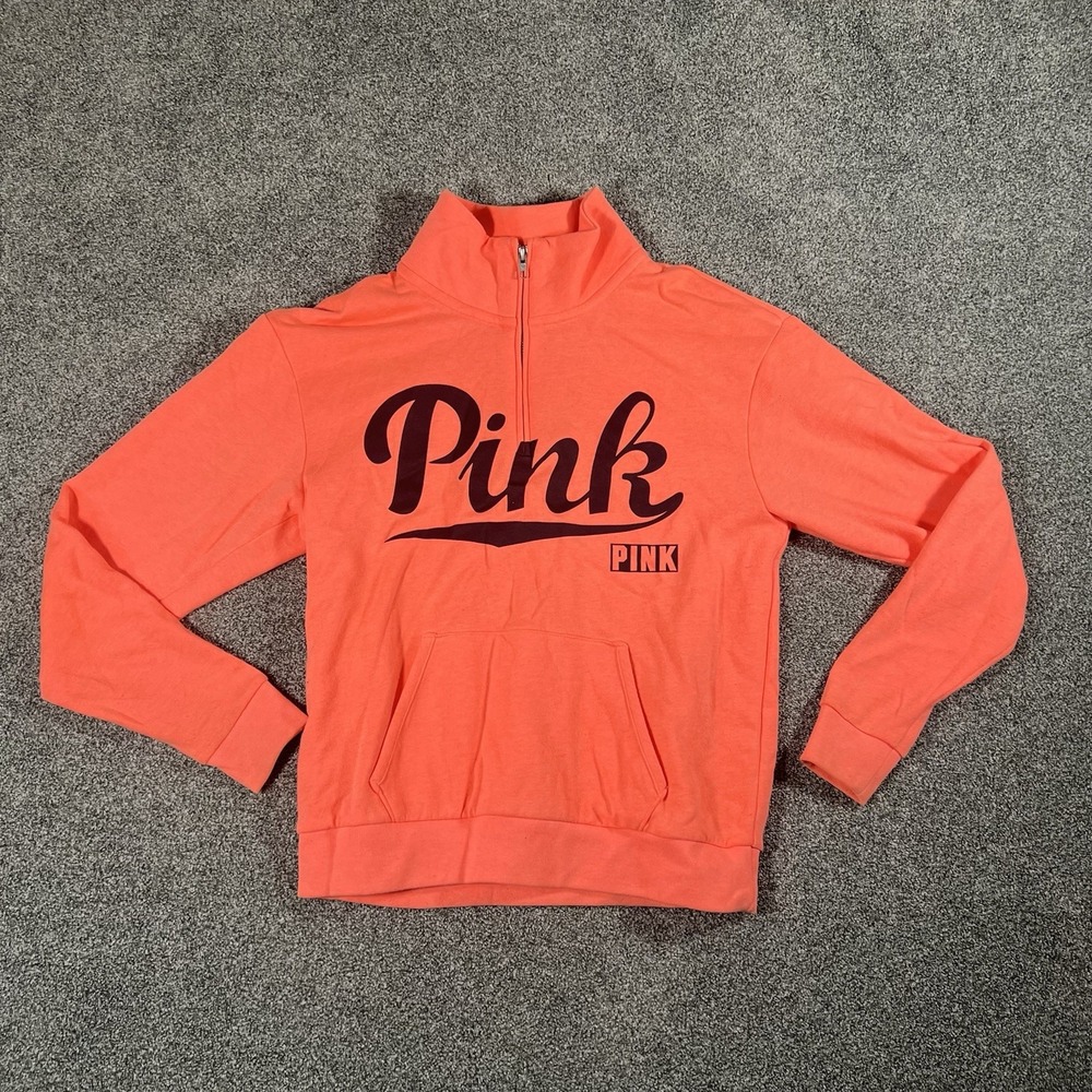 Victoria’s Secret PINK Quarter Zip Pullover Sweatshirt XS Neon Coral Graphic